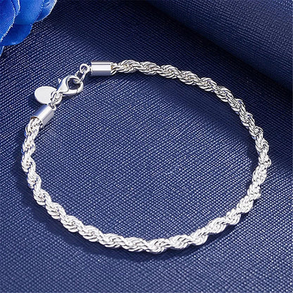 ALIZERO 925 Sterling Silver 4mm Rope Chain Bracelet — Unisex Twisted Link Classic Jewelry for Men and Women