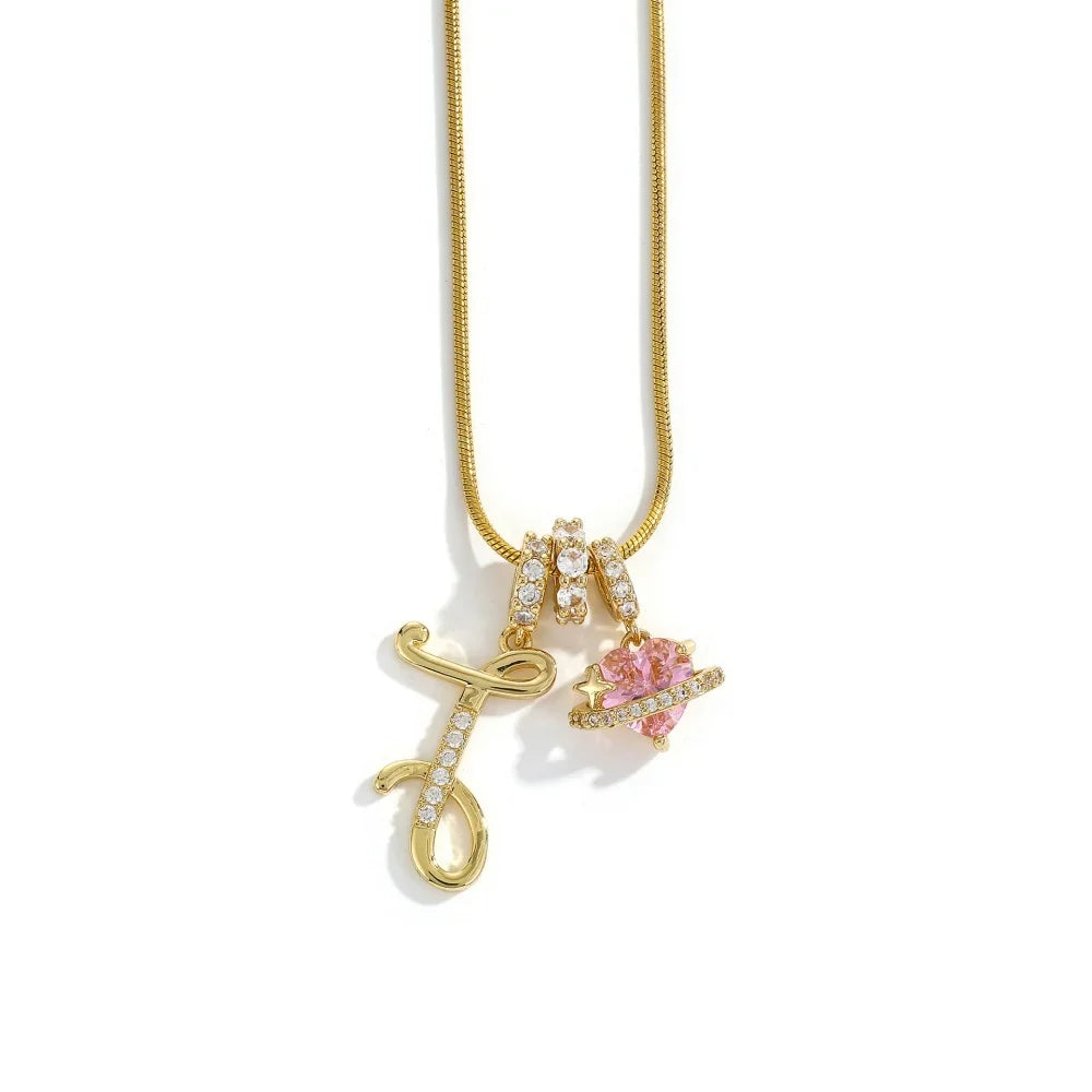 Gold Zircon Flower Letter Necklace - A-Z Alphabet Pendant Jewelry Gift for Women