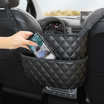 Large Capacity Car Middle Seat Storage Net - Leather Hanging Bag & Seat Back Organizer