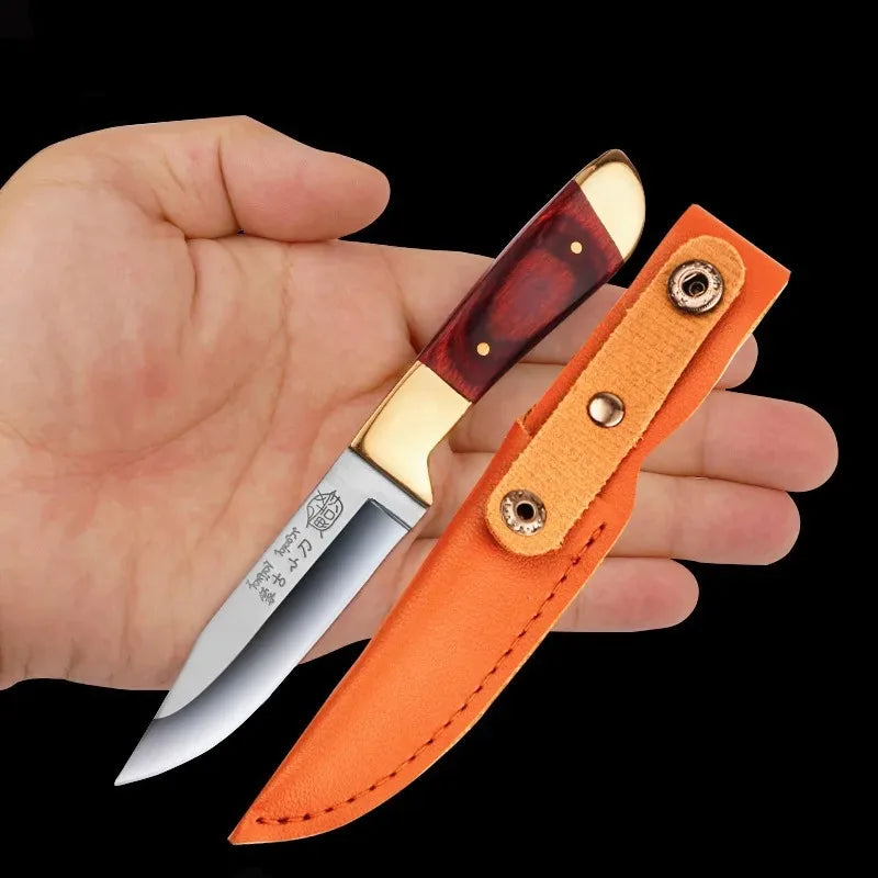 Portable Fruit Knife – Handheld Small Dining Knife for Lamb, Kitchen Use with Leather Cover & Keychain