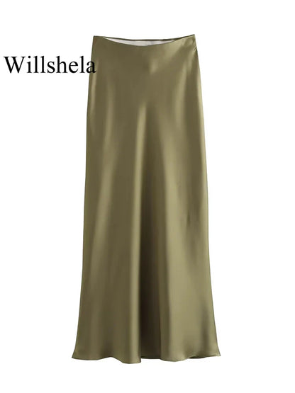 Willshela 2024 Women’s Black Satin High Waist Midi Skirt – Elegant Long Office & Summer Fashion Skirt for Women, Slim Fit Casual Wear