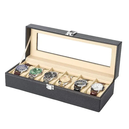 PU Leather Watch Display Box — Glass Top Storage Organizer with Slots for Men’s Watches, Perfect Gift