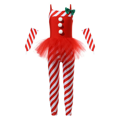 Kids Candy Cane Striped Christmas Tutu Leotard — Sequined Santa Bodysuit for Ballet & Gymnastics