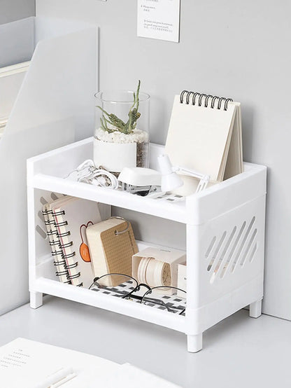 PP Desktop Double Layer Storage Rack – White Rectangular Organizer for Student Desk, Office, Cosmetics & Stationery