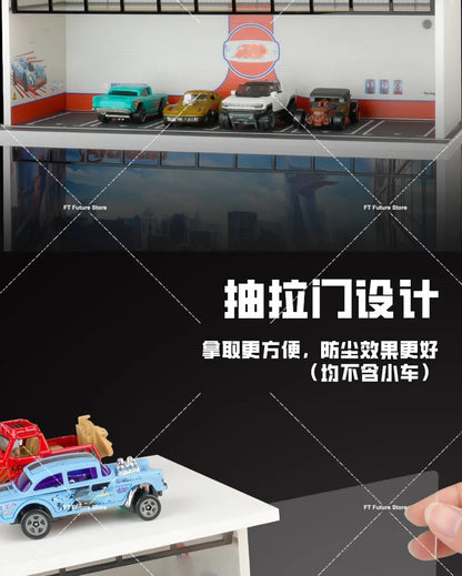 1:64 Scale Garage Scene Model with Lights – Assembled Parking Lot Diorama for Miniature Car Display