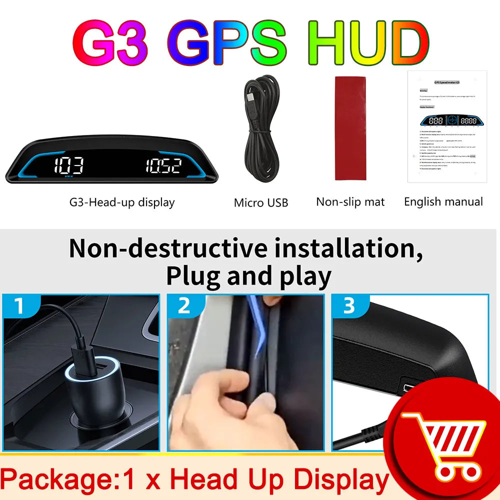 AD G3/B3 OBD2 GPS Head-Up Display – Smart Car HUD with Digital Speedometer, RPM, Water Temp, Clock & Security Alarm