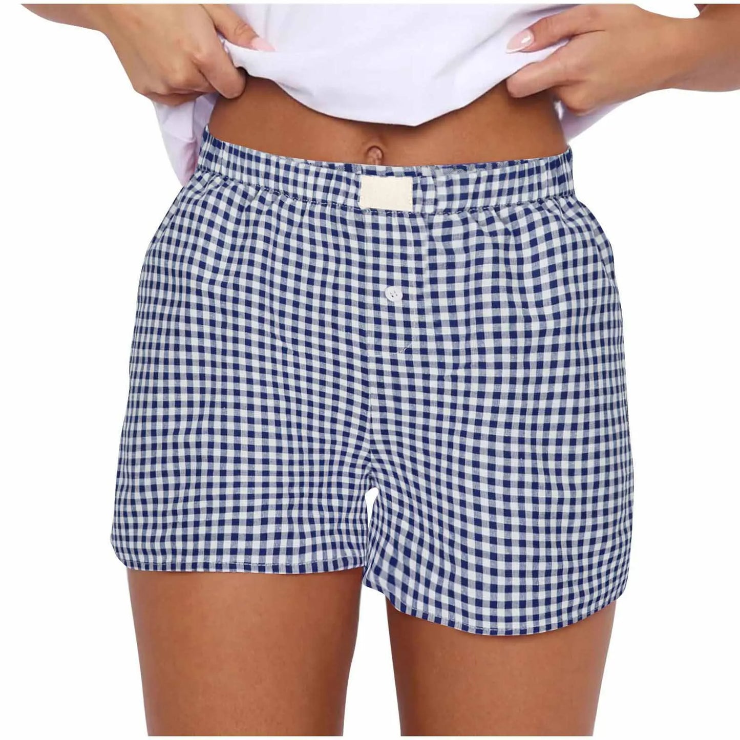 Women’s Teen Girls Elastic Waist Pull-On Red & Blue Plaid Casual Lounge Summer Shorts