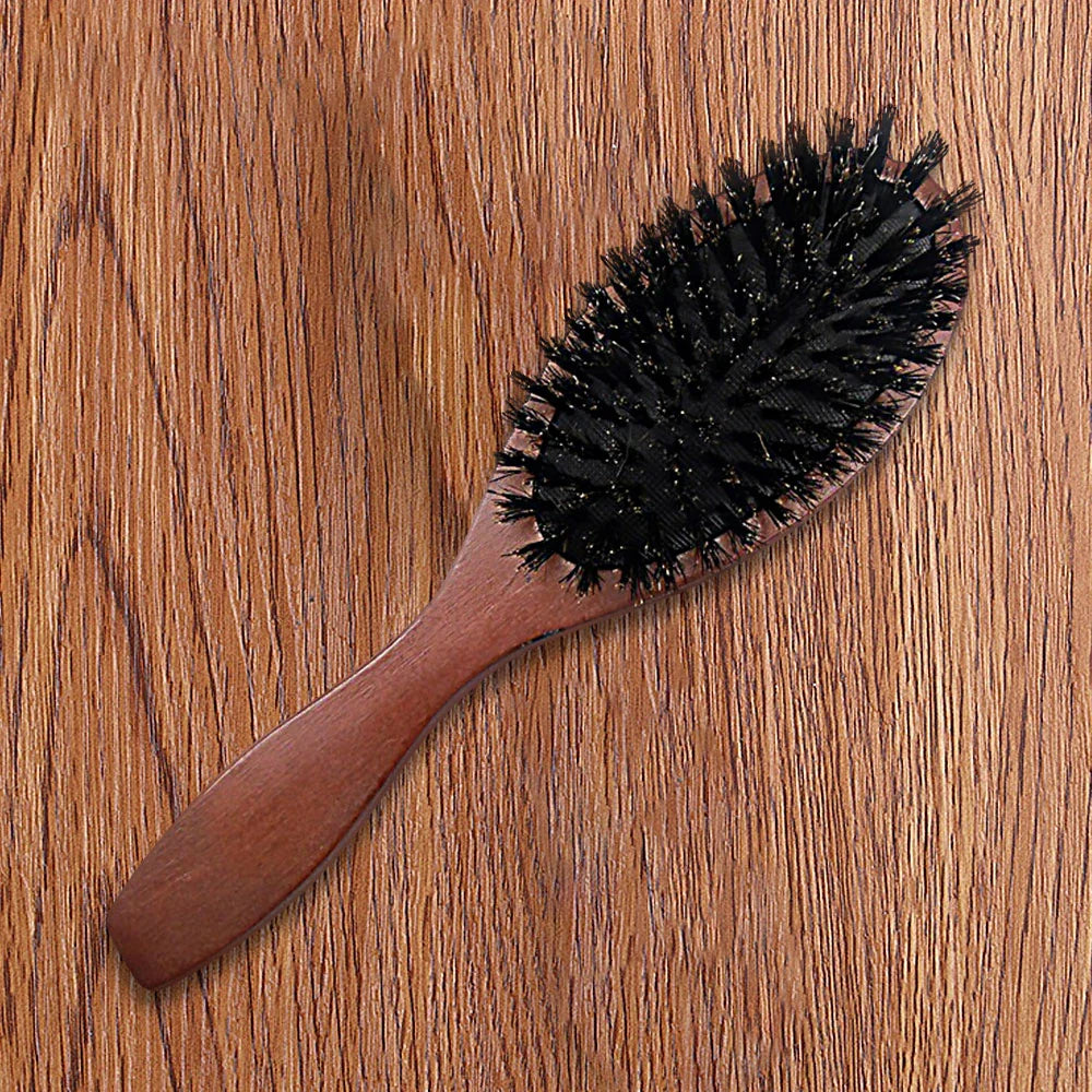 Natural Boar Bristle Hair Brush — Anti-Static Wooden Oval Comb for Women’s Hair Styling