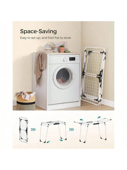 SONGMICS Foldable Gullwing Clothes Drying Rack – Space-Saving Laundry Rack with Sock Clips, 22.2"x68.1"x38"