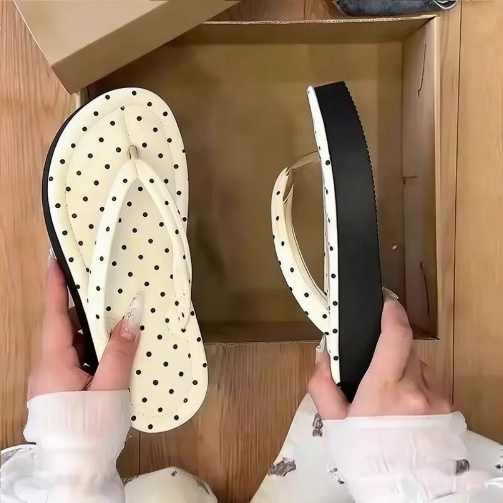 Polka Dot Platform Flip Flops - Thick Sole Breathable Non-Slip Summer Beach Sandals