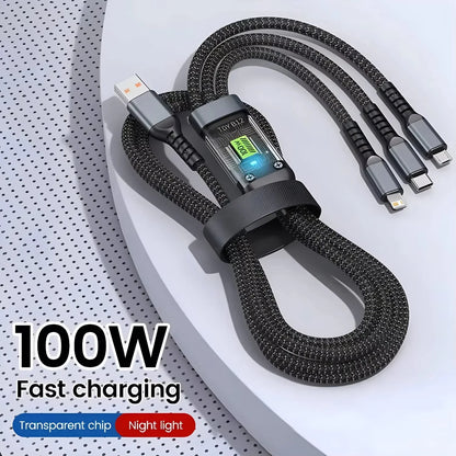 3-in-1 100W 6A Fast Charging Cable — USB to Type-C, Micro, Lightning for iPhone 13–16, Samsung, Xiaomi, Huawei