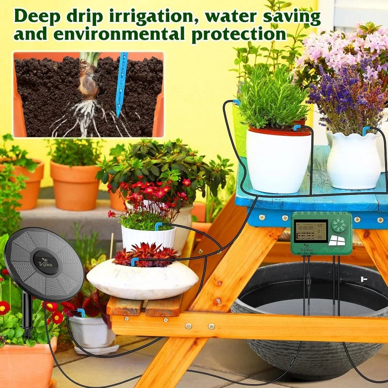 Solar Drip Irrigation Kit with Timer – 15M Hose Automatic Watering System for Greenhouse & Potted Plants