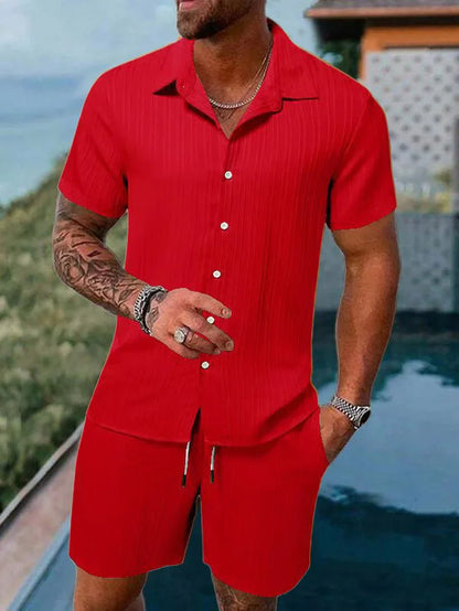 Men's Striped Jacquard Beach Shirt & Shorts Set — Spring Summer Casual Loose Fit, Europe & US Style