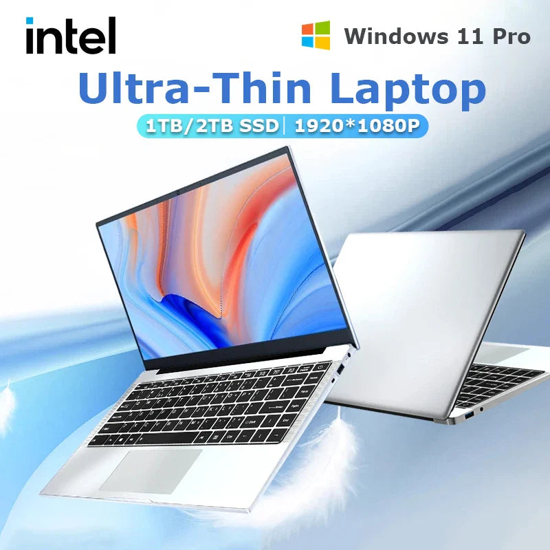 14.1" Ultra Slim Laptop – Intel Atom A3950, 12GB RAM, 1–2TB SSD, Windows 11 Pro, 1080P HD Notebook for Office & Study