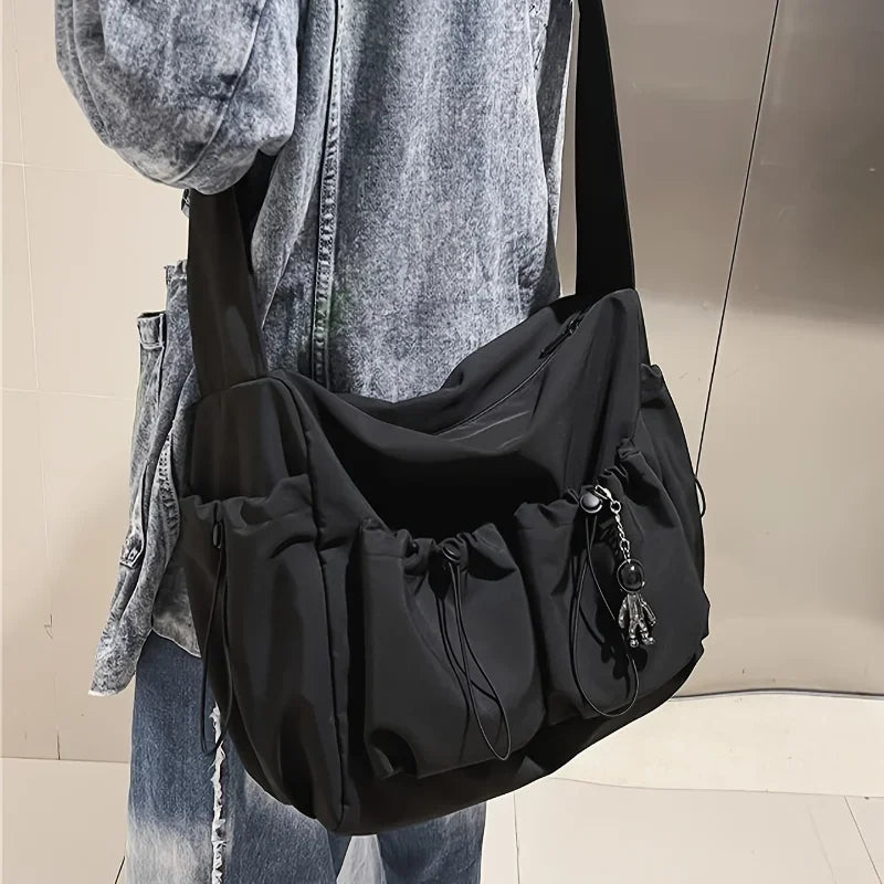 Women’s Fashion Crossbody Bag with Drawstring Detail – Spacious Zipper Shoulder Purse with Stylish Bag Charm