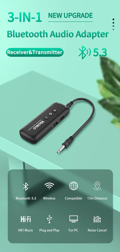3 in 1 Bluetooth 5.3 Audio Receiver & Transmitter – 3.5mm AUX, USB Wireless Adapter with Mic for TV, PC, Headphones & Car