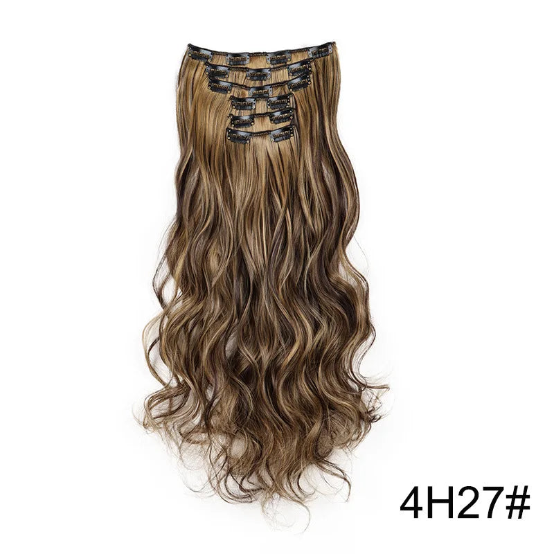 24-Inch 16 Clips-in Hair Extensions – Long Straight Synthetic Blonde & Black Hairpieces, Heat Resistant for Daily Use