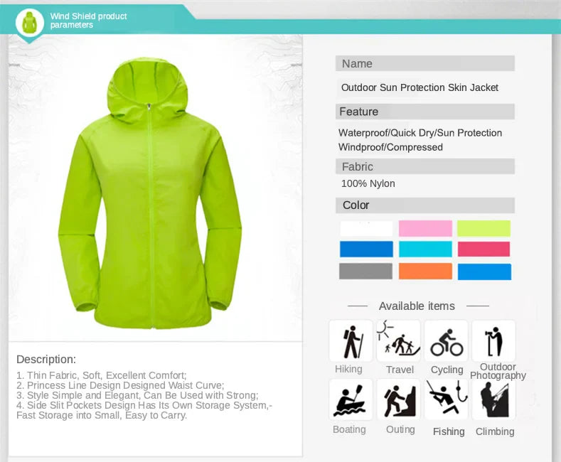 Unisex Waterproof Camping Jacket — Men & Women Windbreaker, Raincoat for Hiking, Climbing, and Sun Protection