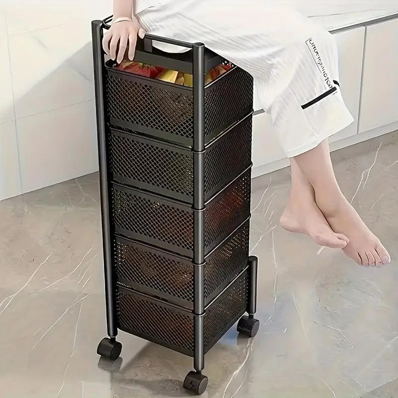 5 Tier Rotating Kitchen Storage Shelf - Metal Fruit & Vegetable Rack, Multi-Layer Trolley on Wheels