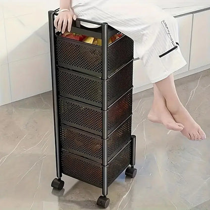 5 Tier Rotating Kitchen Storage Shelf - Metal Fruit & Vegetable Rack, Multi-Layer Trolley on Wheels