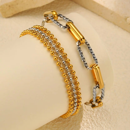 Women's Two-Tone Twist Paperclip Bracelet – Chunky Stainless Steel Adjustable 18K Gold Plated Link Jewelry