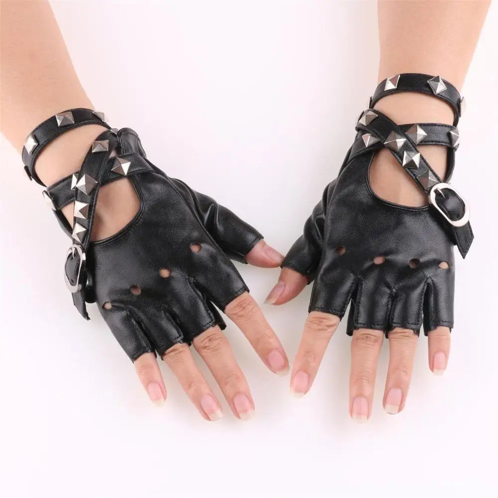 Unisex Fingerless PU Leather Driving Gloves, Rivet Punk Style Disco Rock & Roll Gloves for Dance, Motorcycle & Party Wear (Black/Red/White)