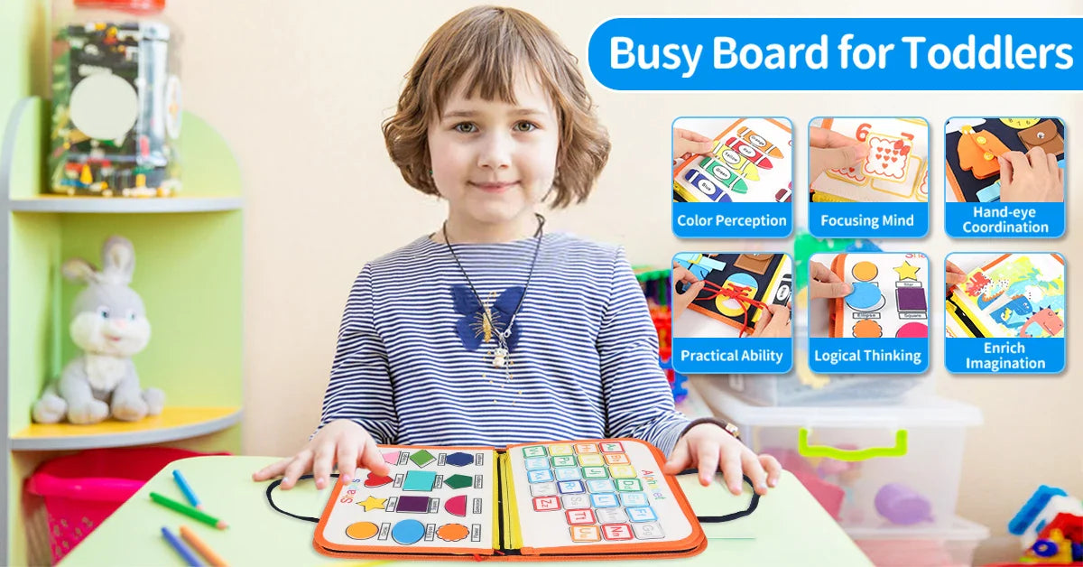TUNJILOOL Montessori Busy Board – Early Educational Toy for Toddlers, Felt Cloth Story Book, 3D Shape & Color Match