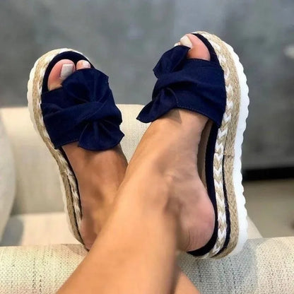 Women's Bowknot Woven Wedge Sandals - Comfortable Non-Slip Summer Beach Shoes
