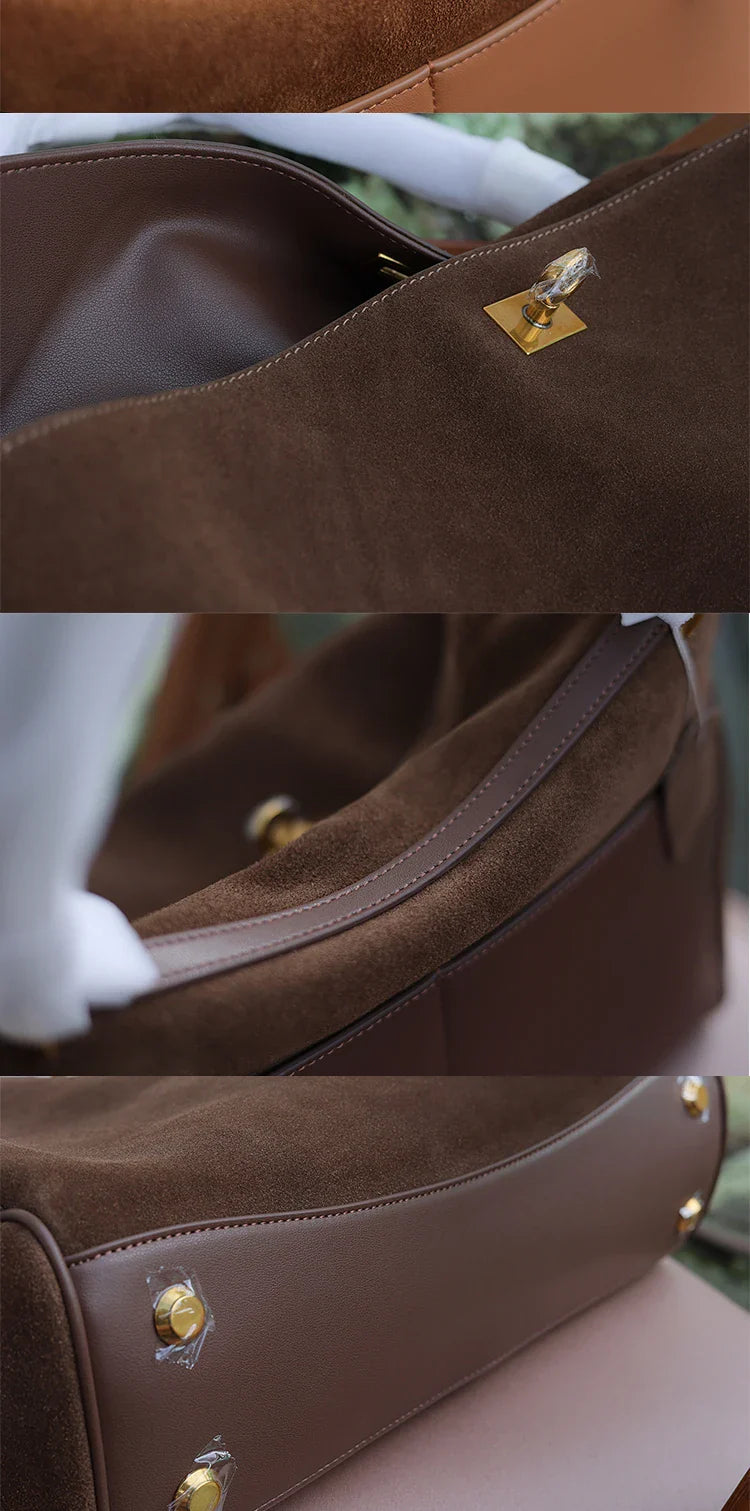 Autumn Winter Suede Leather Tote – Frosted Cowhide High-Capacity Shoulder Kelly Bag