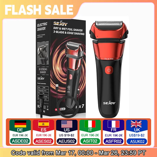 Sejoy Electric Razor for Men – 3-Blade Foil Shaver with 7500 RPM High-Speed Motor & Digital Power Display