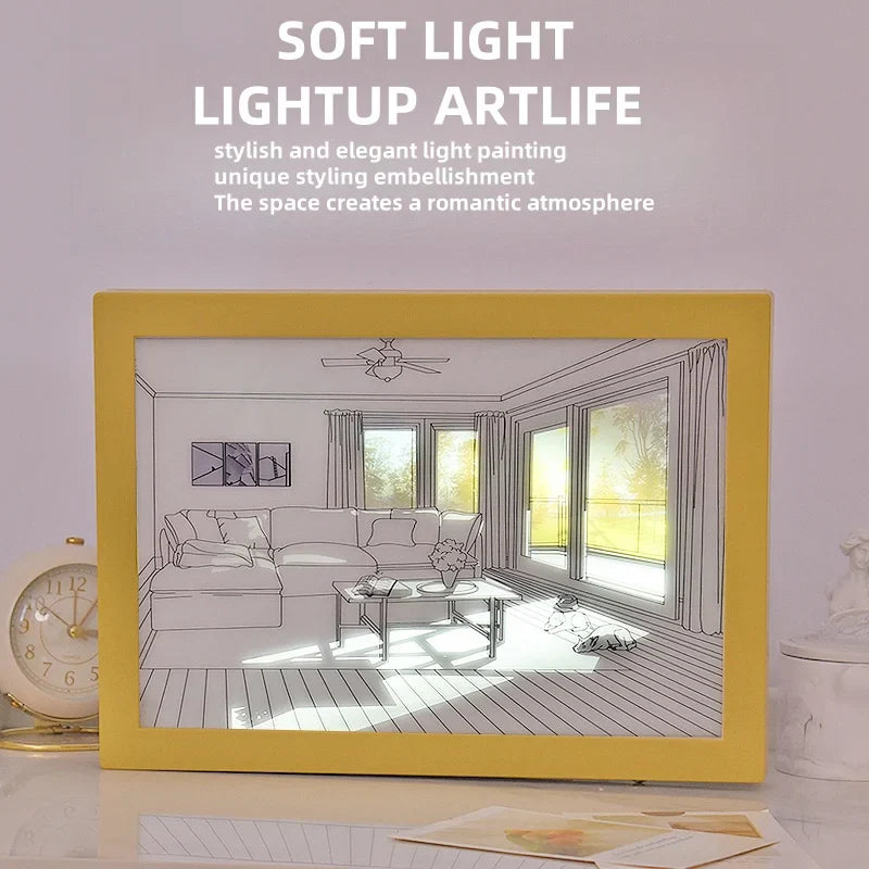 LED Light Painting Wall Art Lamp – Wooden Sunlight Window Dimmable Indoor Night Light Home Decor Table & Bedroom Lighting