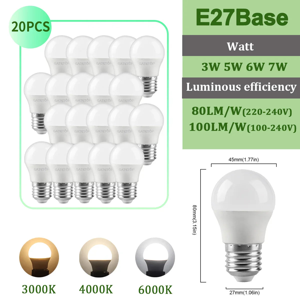 20pcs G45 C37 LED Bulbs — 3W/5W/6W/7W Energy-Saving Mini Lamps, Warm & Cool Light for Home and Bedroom