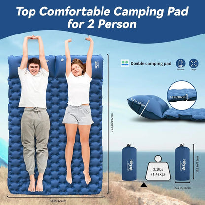 Double Camping Air Mattress with Pillow - Waterproof, Inflatable Sleeping Pad for Nature Hikes