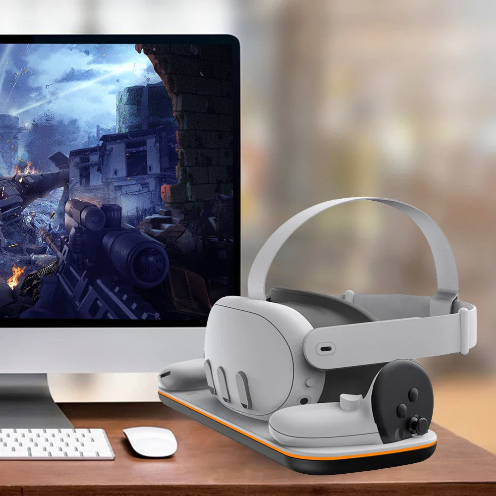 VR Headset Controller Charging Dock for Meta Quest 3 — Cradle with 2 Rechargeable Batteries & USB-C Cable