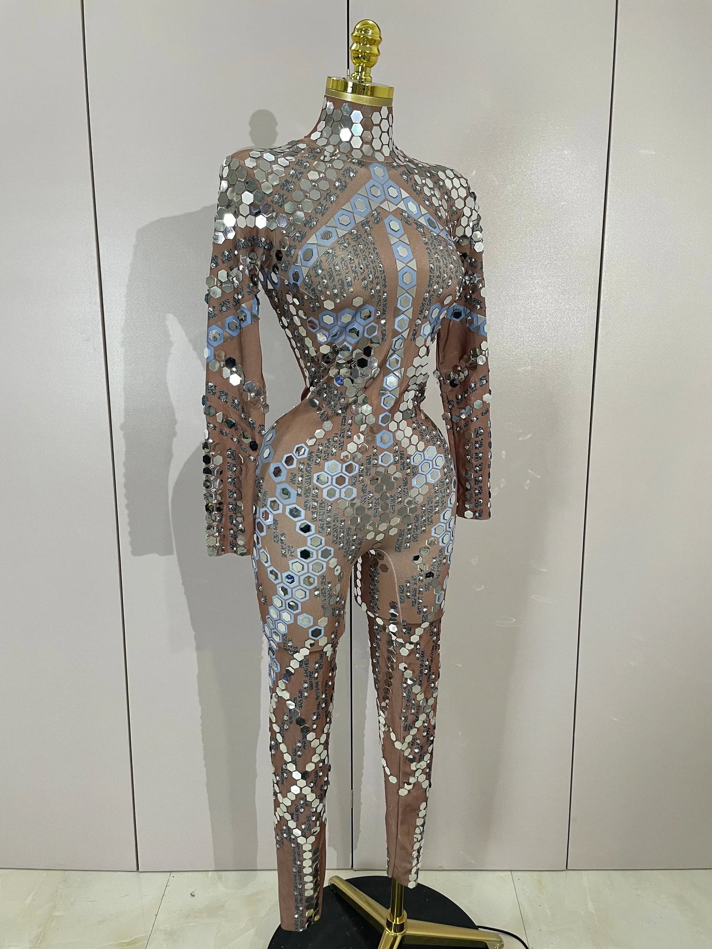 Sexy Shiny Silver Sequin & Black Spandex Jumpsuit — 2025 Women’s Prom, Dancer & Stage Performance Costume