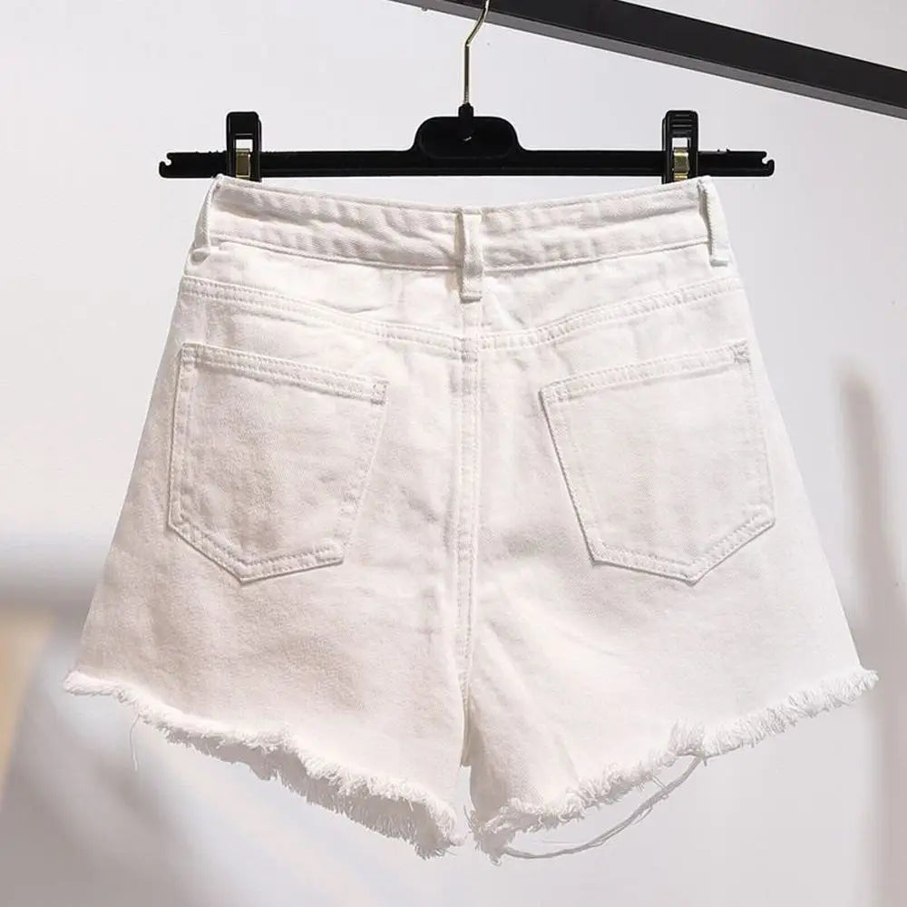 Summer Women’s Korean High Waist Cowboy Denim Shorts — Casual White Jeans with Pockets, Tassels & Ripped Holes Y2K Style
