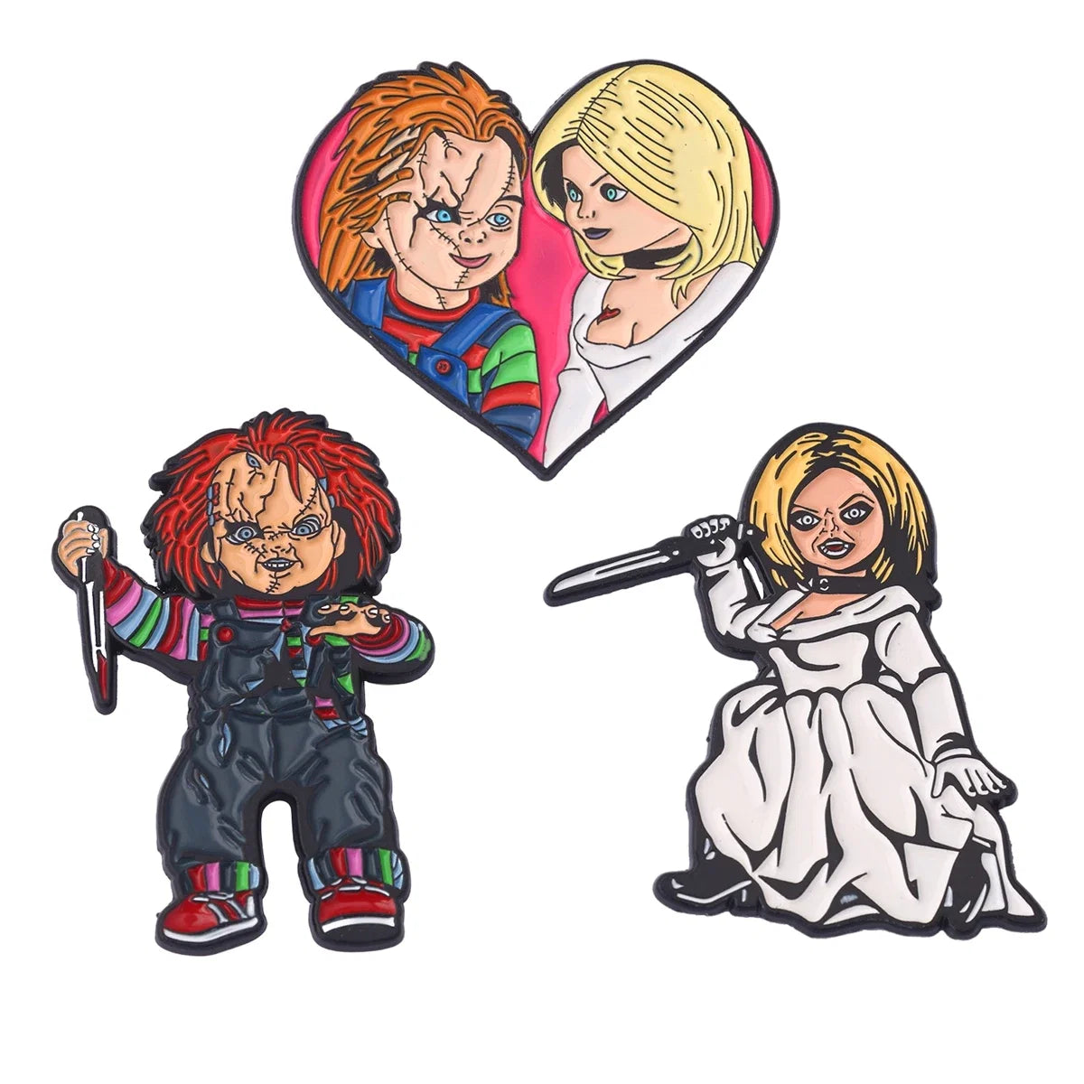 3-Piece Horror Cartoon Enamel Pin Set - Funny Metal Lapel Badges for Cosplay & Gifts