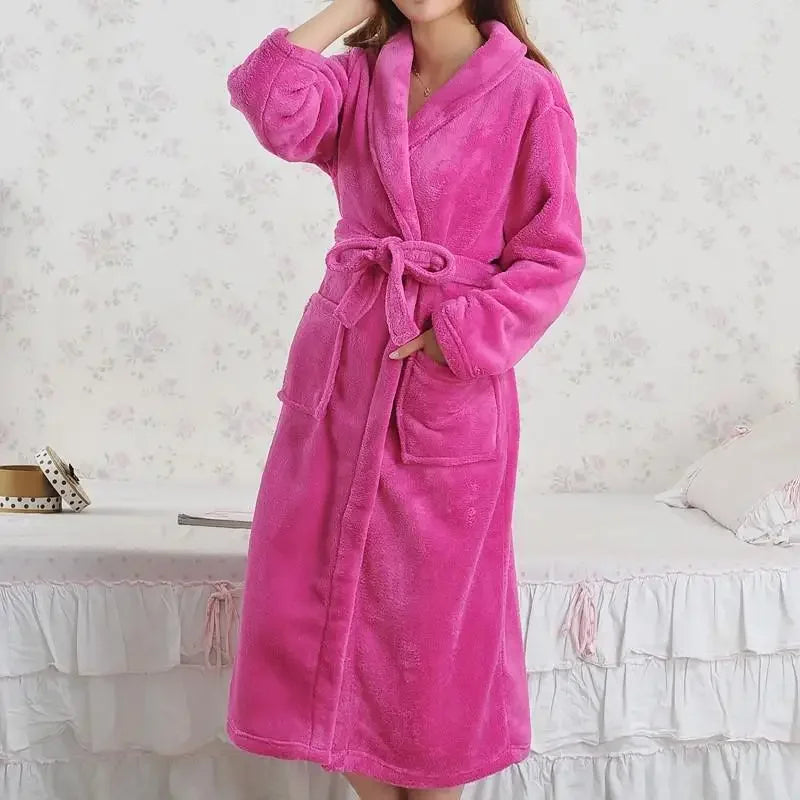 Coral Fleece Long Robe Kimono – Warm Flannel Winter Bathrobe, Casual Sleepwear & Homewear