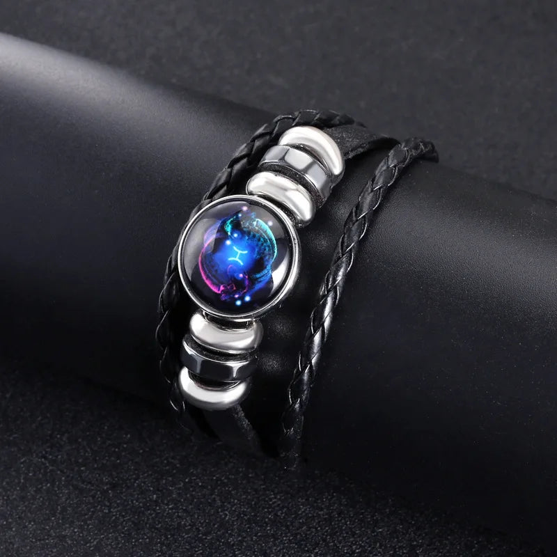 Men’s Zodiac Sign Leather Bracelet | 12 Constellation Black Braided Wrap | Punk Style Multilayer Bracelet for Birthday Gifts