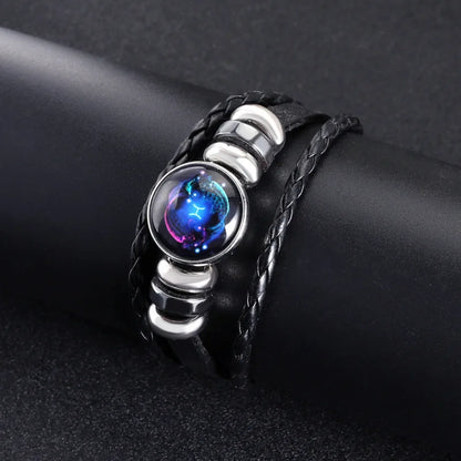 Men’s Zodiac Sign Leather Bracelet | 12 Constellation Black Braided Wrap | Punk Style Multilayer Bracelet for Birthday Gifts