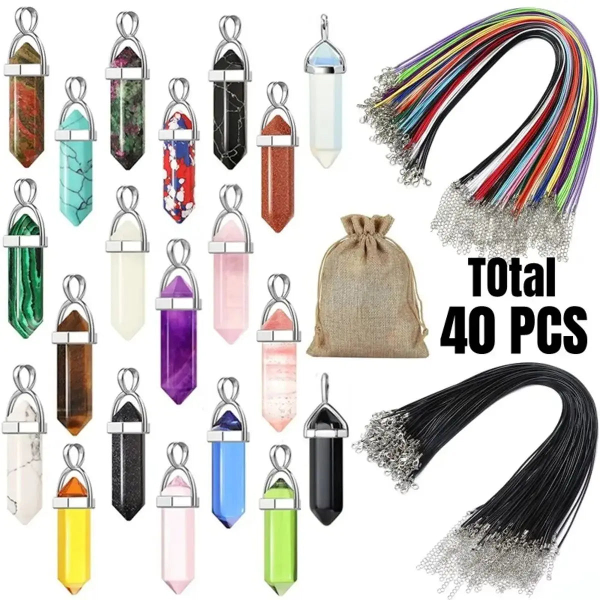 40/30PCS Hexagonal Chakra Crystal Pendant Set – Synthetic Quartz Points with Leather Necklace Chain & Storage Bag