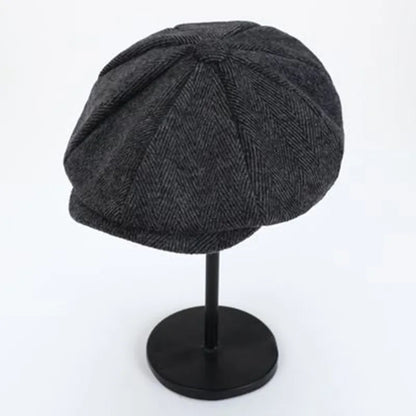 Men's Retro Newsboy Cap - Octagonal Flat Hat with Herringbone Design, British Painter Style Beret for Autumn and Winter