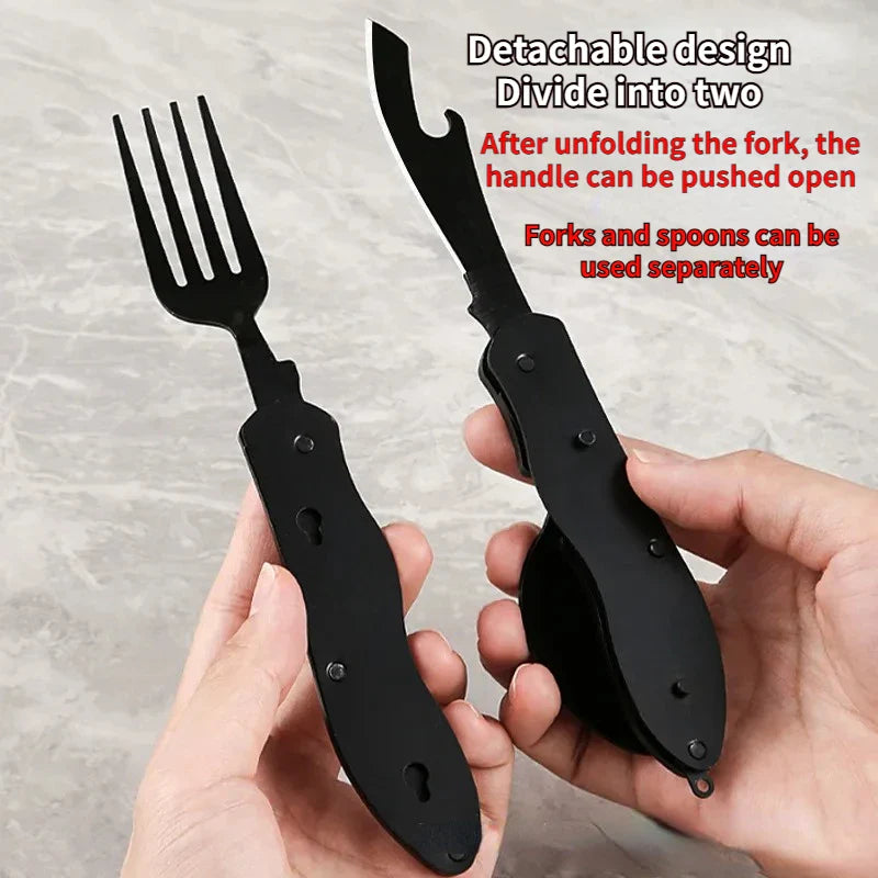 Portable Stainless Steel Camping Cutlery Set – Foldable Spoon, Fork, Knife & Bottle Opener Multitool