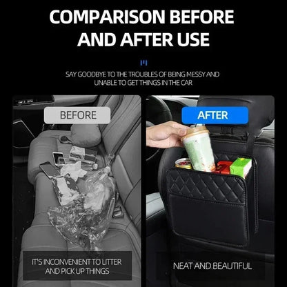 Multifunctional Car Seat Storage Bag – Leather Auto Organizer & Trash Bag Universal Fit for Most Car Models, Car Interior Storage Solution