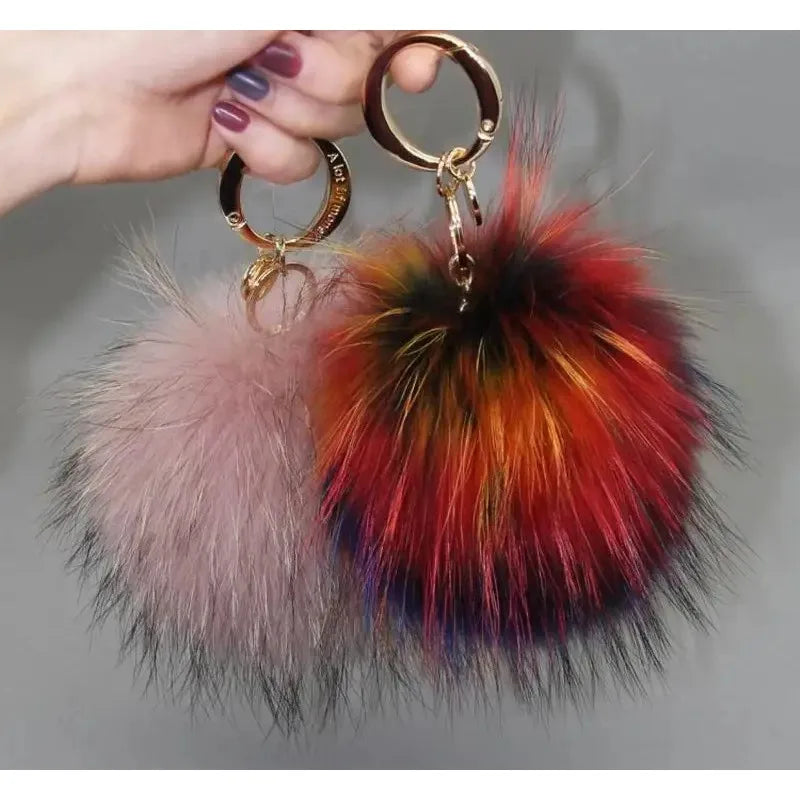 Luxury 15cm Fluffy Real Raccoon Fur Pom Pom Keychain – High-Quality Metal Ring Pendant for Women