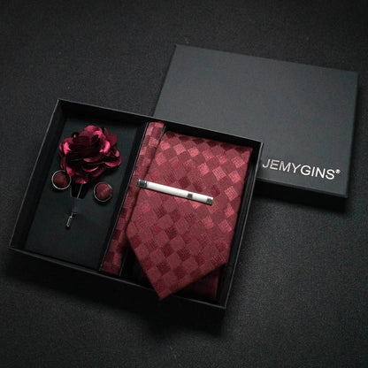 Wine Red Paisley Silk Tie Set for Men - Luxury Wedding Neck Tie with Pocket Square & Cufflinks Gift Box Accessories