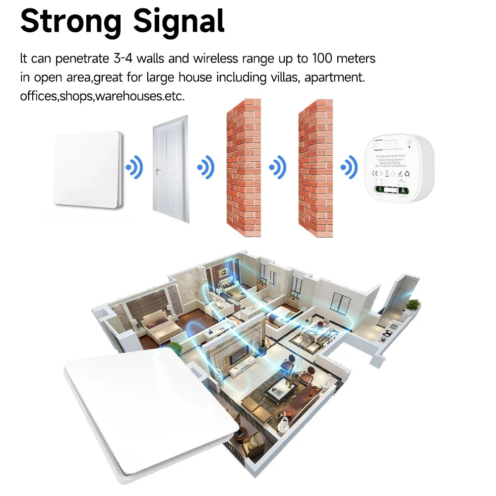 Lunzo RF 433 Self-Powered Wireless Light Switch – 1 Gang, No Battery, Waterproof Remote Control