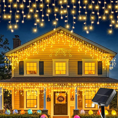 Solar Christmas Icicle Lights 162/96 LED – 8-Mode Waterproof Curtain String Lights for Outdoor, Garden & Holiday Decoration