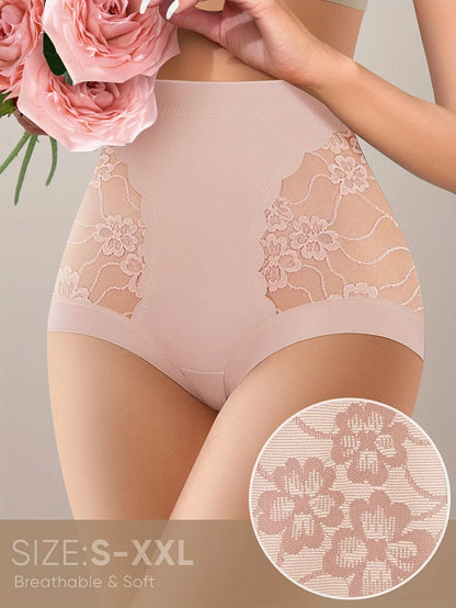 Women’s High-Waist Shaping Panties - Floral Lace Tummy Control Breathable Sheer Briefs for Everyday Comfort