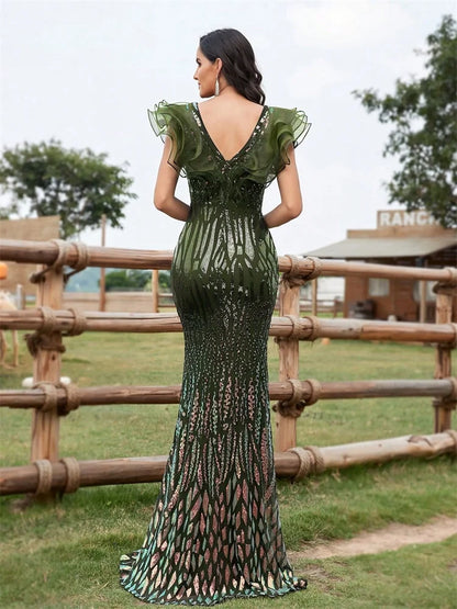 Elegant Black Evening Dress 2025 – Women’s Luxury Long Mermaid V-Neck Sequins Formal Prom Wedding Party Gown